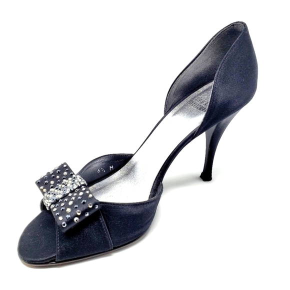 Stuart Weitzman Black Satin Open Toe Leather Heels - Picture 1 of 6
